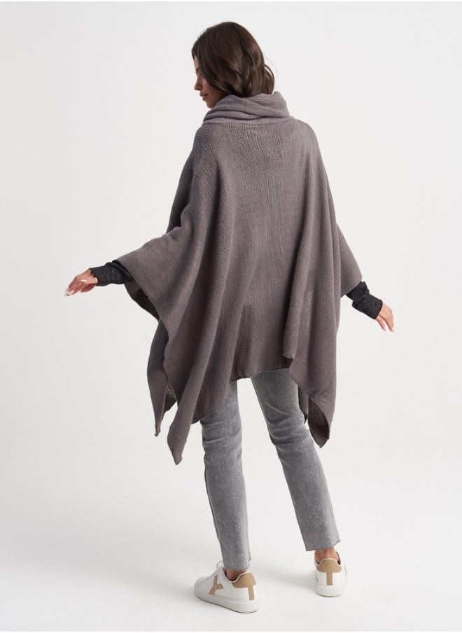 Cozy Gray Knit Poncho with Cowl Neck