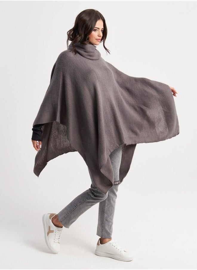 Cozy Gray Knit Poncho with Cowl Neck