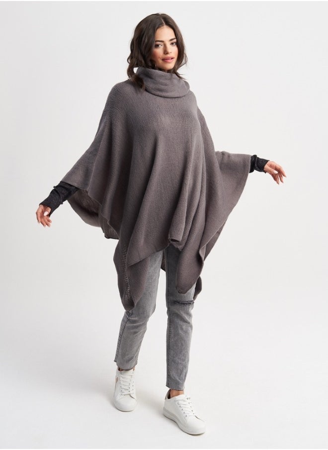 Cozy Gray Knit Poncho with Cowl Neck