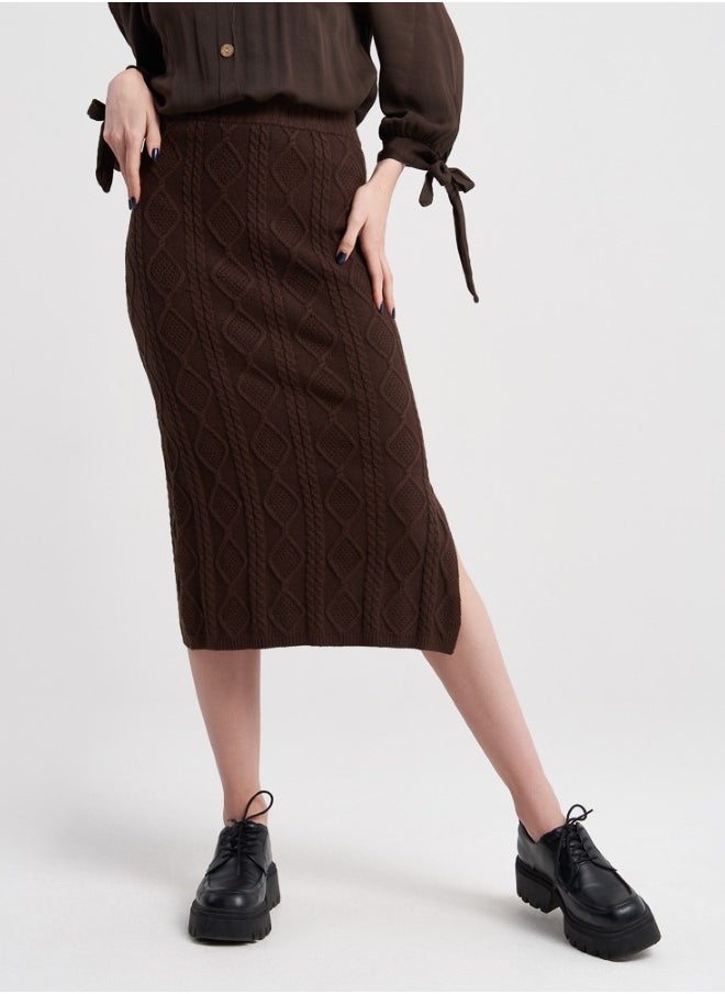 Women's Cable Knit Midi Skirt - Brown