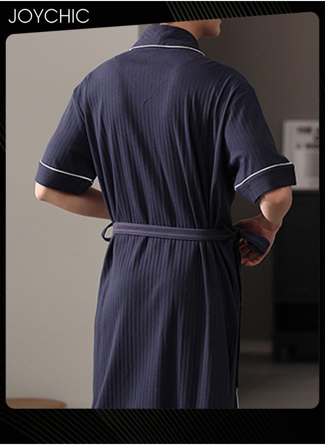 Japanese Style Men Pure Cotton Pajamas Simple Leisure Male Short-sleeved All-in-one Loose Breathable Sleep Robe with Adjustbale Belt for Spring and Summer Autumn Dark Blue