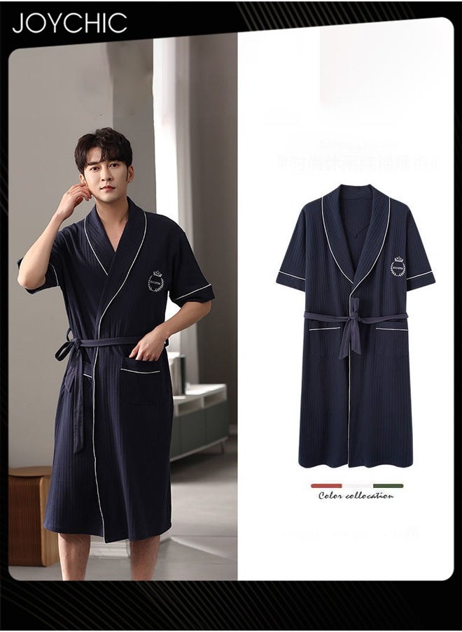 Japanese Style Men Pure Cotton Pajamas Simple Leisure Male Short-sleeved All-in-one Loose Breathable Sleep Robe with Adjustbale Belt for Spring and Summer Autumn Dark Blue