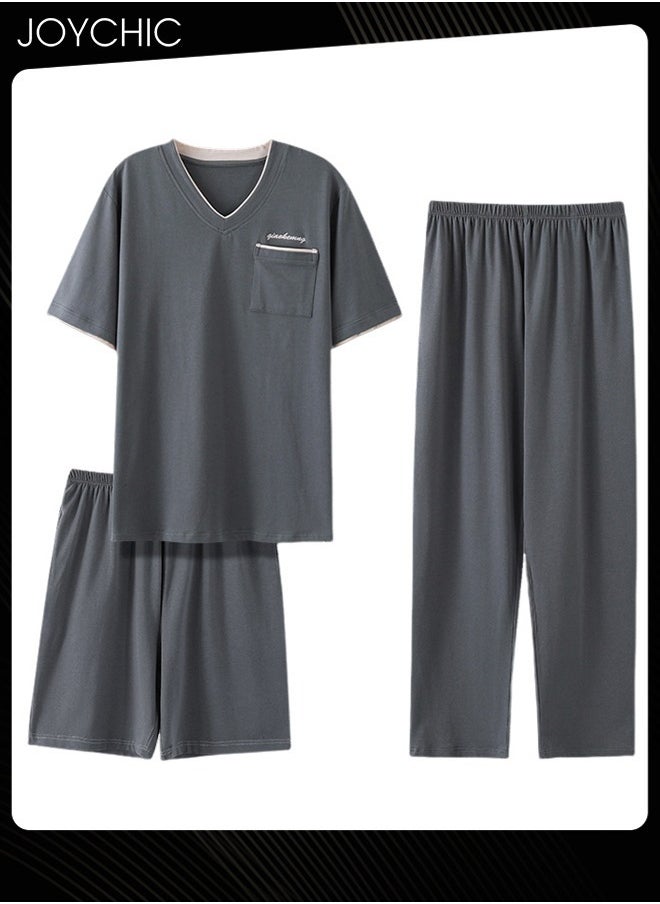 3-piece Classic Spring and Autumn Pajamas Set for Men Modal Skin-friendly Short-sleeved Trousers Sleepwear Cotton Silk V Neck Home Clothes with Pockets Grey