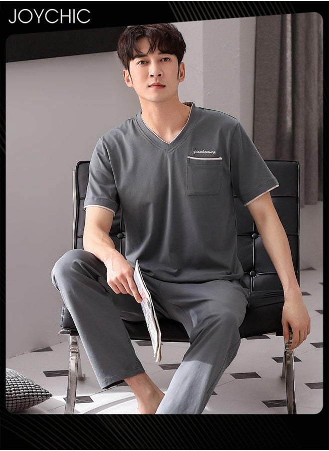 3-piece Classic Spring and Autumn Pajamas Set for Men Modal Skin-friendly Short-sleeved Trousers Sleepwear Cotton Silk V Neck Home Clothes with Pockets Grey