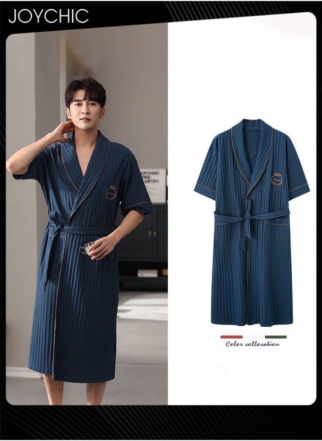 Solid Color Men Pure Cotton Lapel Pajamas Youth Short-sleeved All-in-one Loose Breathable Sleep Robe with Adjustbale Belt for Spring and Summer Autumn Dark Blue