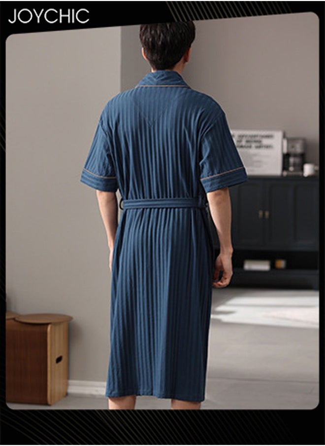 Solid Color Men Pure Cotton Lapel Pajamas Youth Short-sleeved All-in-one Loose Breathable Sleep Robe with Adjustbale Belt for Spring and Summer Autumn Dark Blue