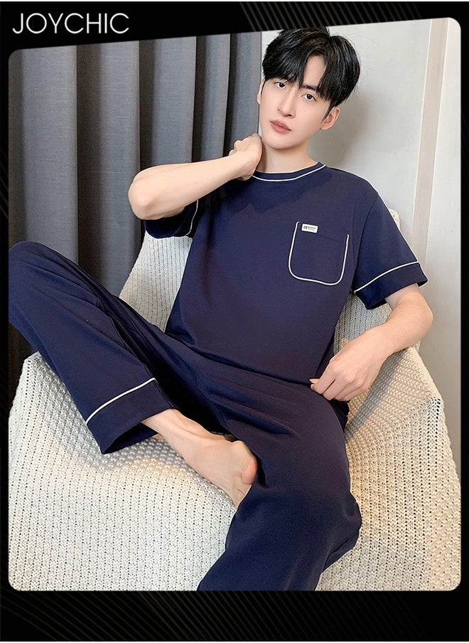 3 Piece Solid Color Men Pajamas Short-sleeved +Shorts+ Trouser Set Casual Modal Breathable Wear-resistant Sleepwear Youth Homewear Suit for Spring Summer Autumn Dark Blue