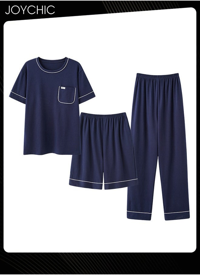 3 Piece Solid Color Men Pajamas Short-sleeved +Shorts+ Trouser Set Casual Modal Breathable Wear-resistant Sleepwear Youth Homewear Suit for Spring Summer Autumn Dark Blue