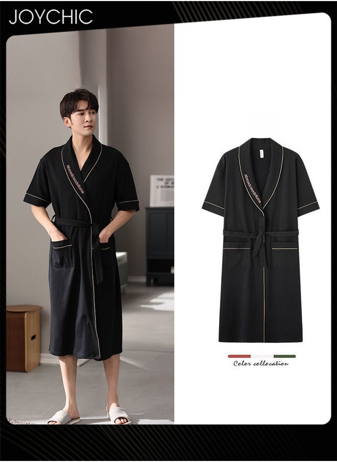 Japanese Style Men Pure Cotton Pajamas Simple Leisure Male Short-sleeved All-in-one Loose Breathable Sleep Robe with Adjustbale Belt for Spring and Summer Autumn Black