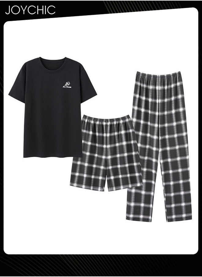 3 Piece New Style Men Pajamas Short-sleeved + Lattice Shorts+ Trouser Set Casual Modal Breathable Wear-resistant Sleepwear Youth Homewear for Spring Summer Autumn