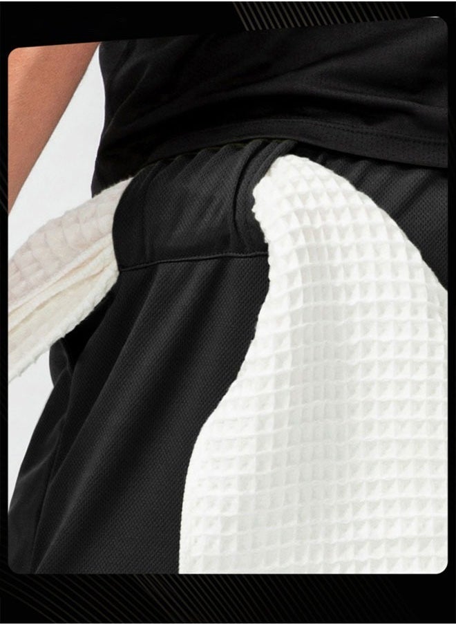 Men Sports Trousers Fake Two-piece Double-layer Multi-pocket High Elastic Quick Drying Sweat-wicking Breathable Causal Running Fitness Shorts Black