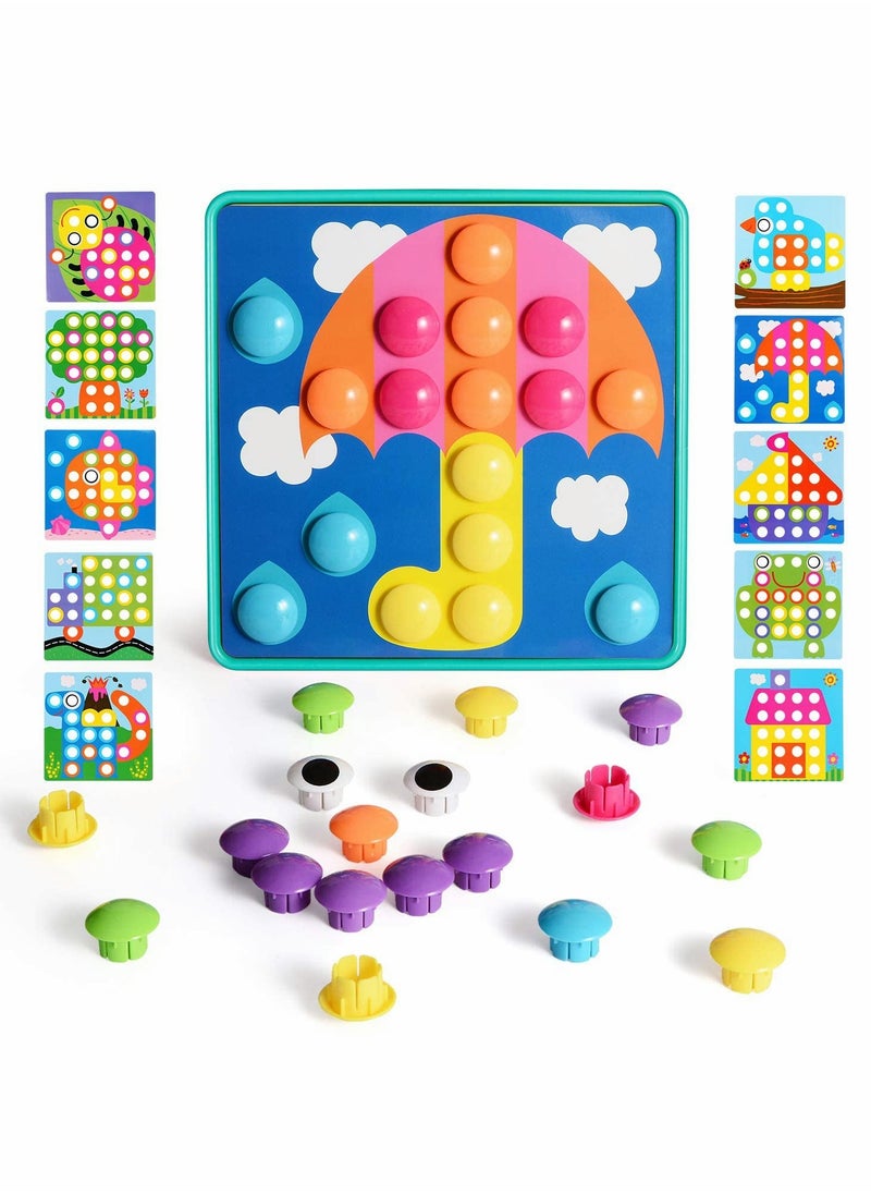 Toddler Craft Puzzle Set, Button Art Toys for Preschool Kids, Early Learning Activities Game, 10 Images and 46 Buttons, Convenient Storage Box