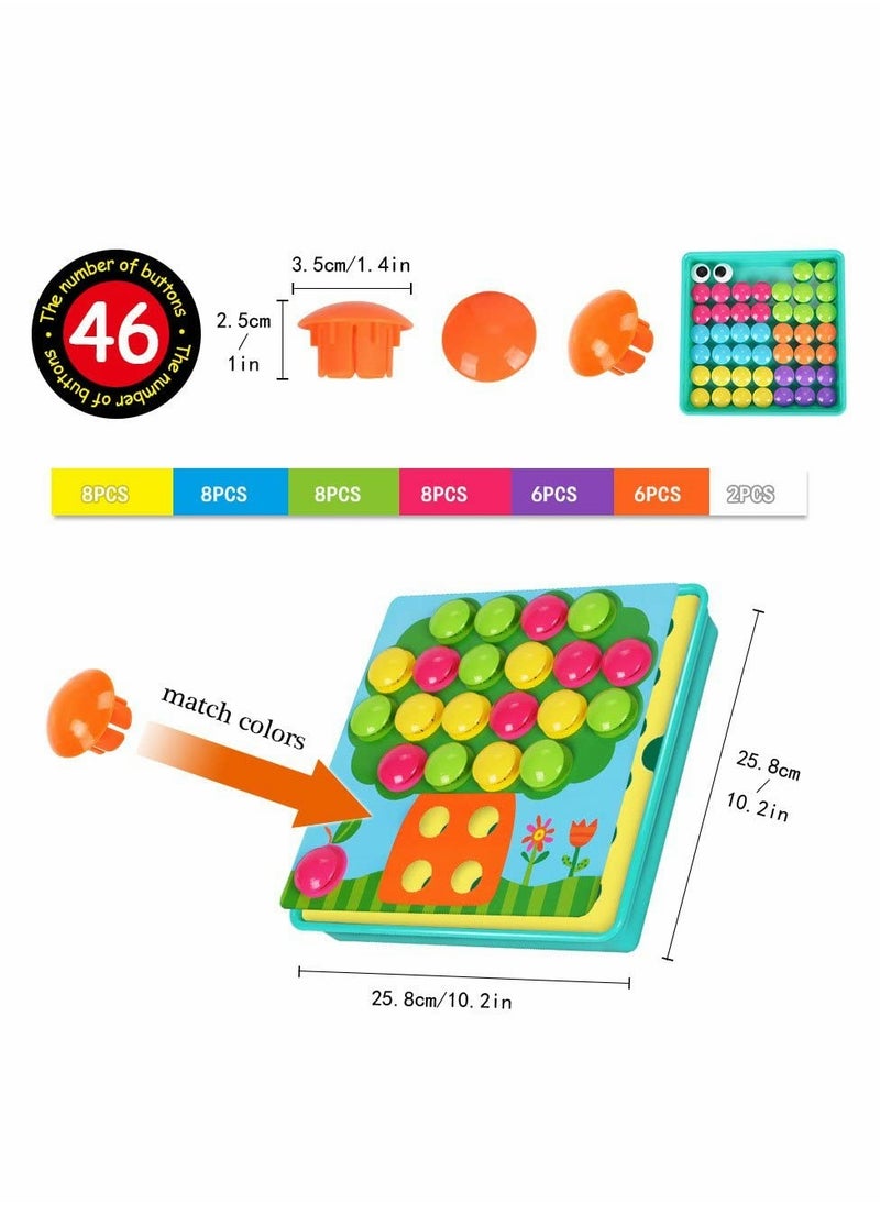 Toddler Craft Puzzle Set, Button Art Toys for Preschool Kids, Early Learning Activities Game, 10 Images and 46 Buttons, Convenient Storage Box