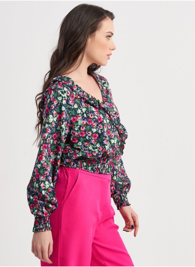 Floral V-Neck Blouse with Elastic Waist