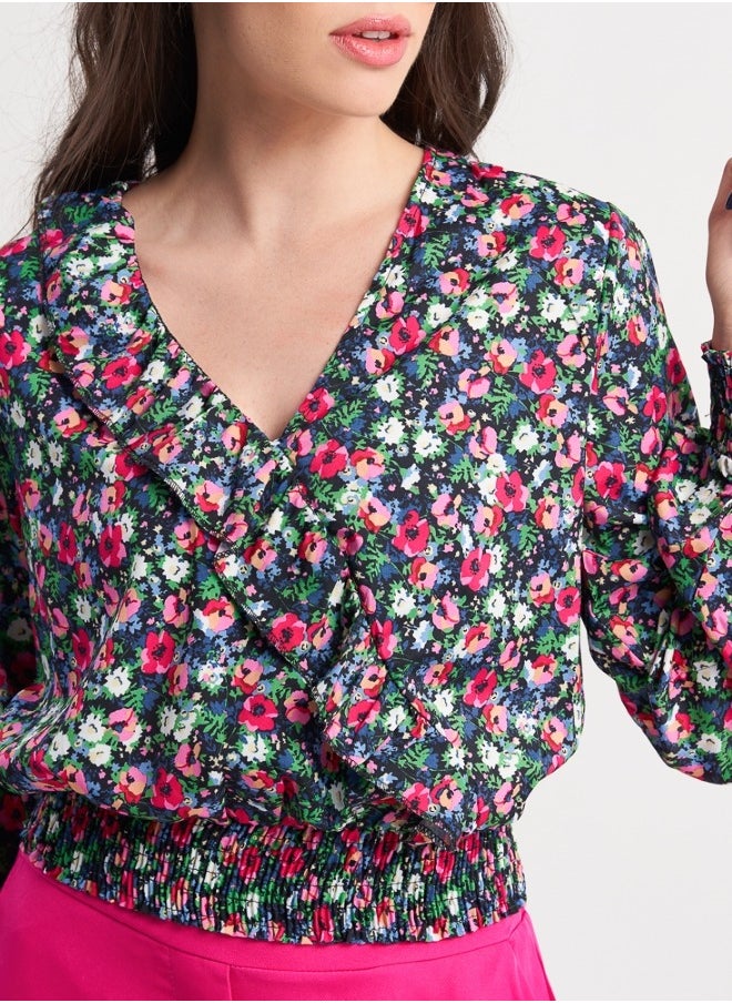 Floral V-Neck Blouse with Elastic Waist