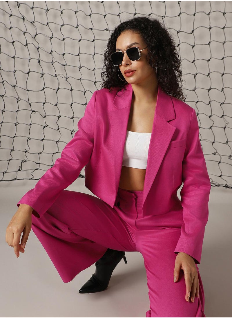 Women's Magenta Cotton Blend Solid Oversized Blazer