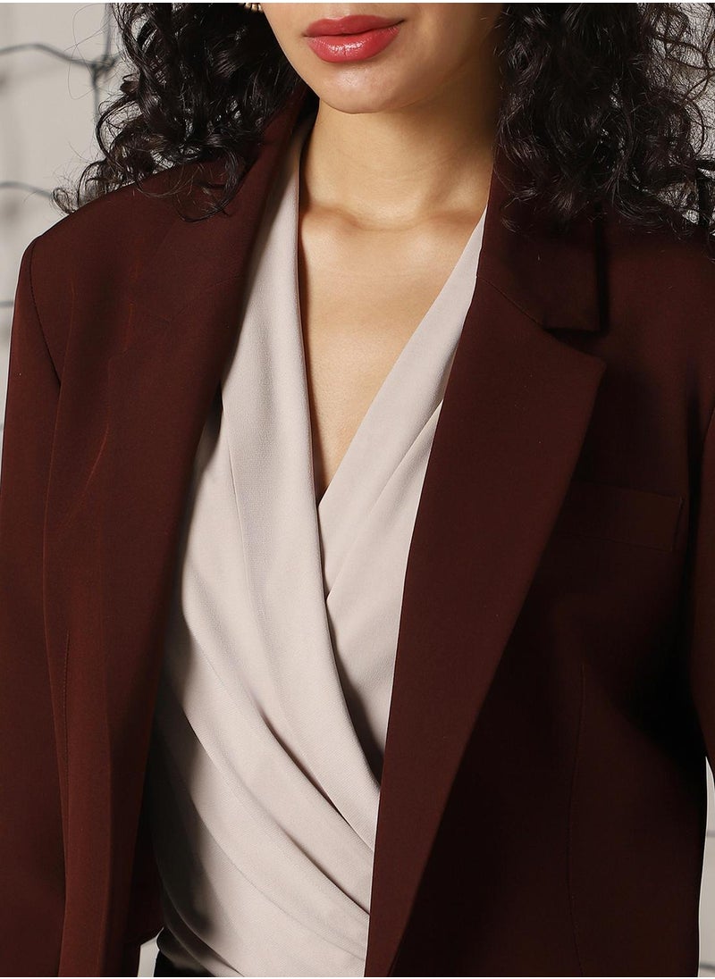 Women's Brown Cotton Blend Solid Oversized Blazer