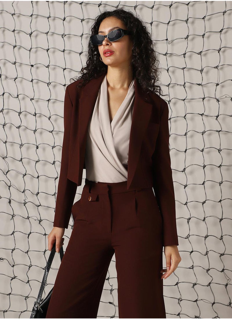Women's Brown Cotton Blend Solid Oversized Blazer