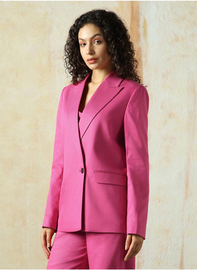 Women's Magenta Cotton Blend Solid Oversized Blazer