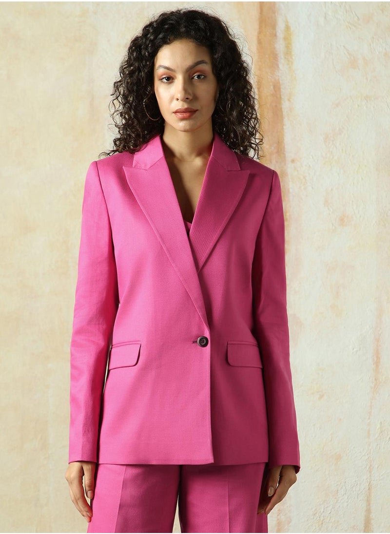 Women's Magenta Cotton Blend Solid Oversized Blazer