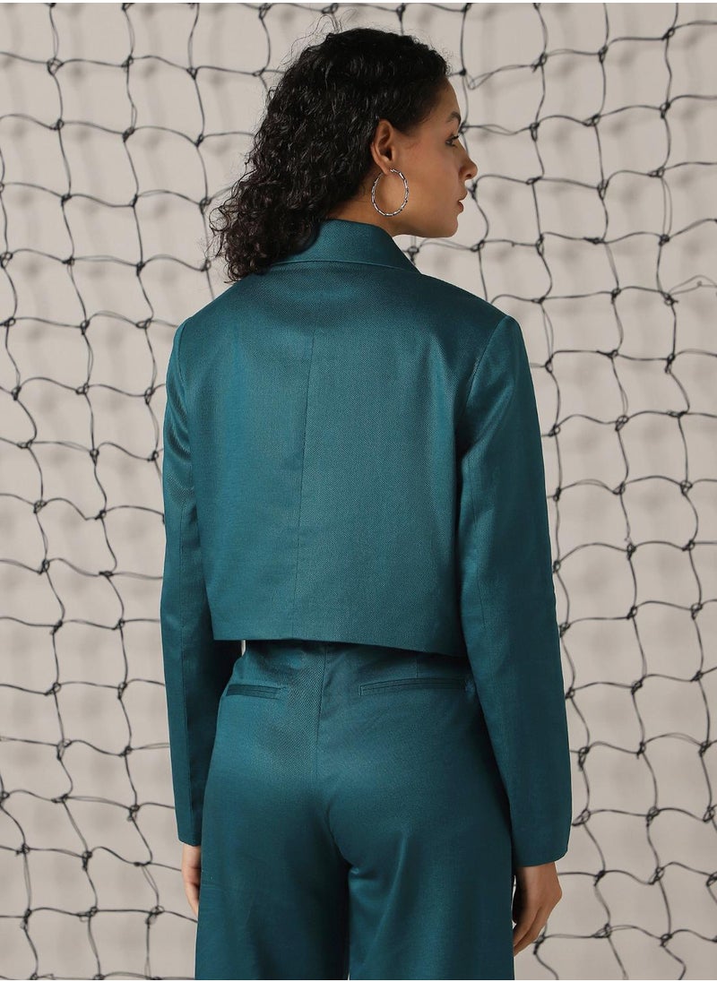 Women's Deep Teal Cotton Blend Solid Oversized Blazer