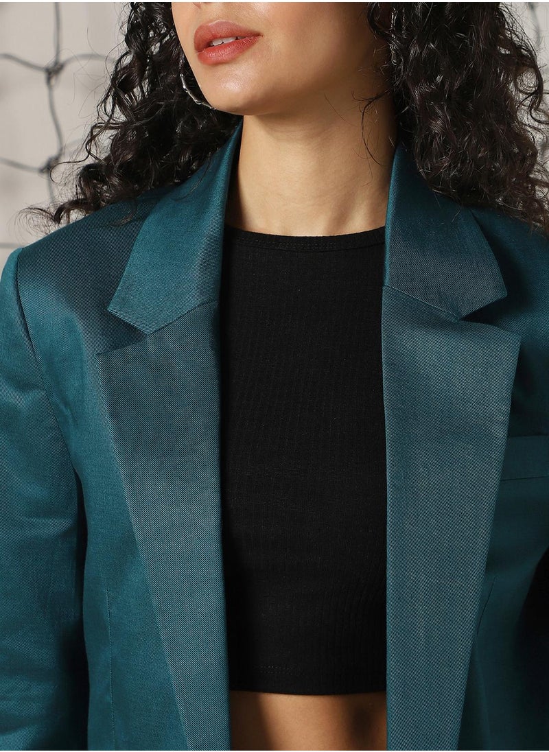 Women's Deep Teal Cotton Blend Solid Oversized Blazer