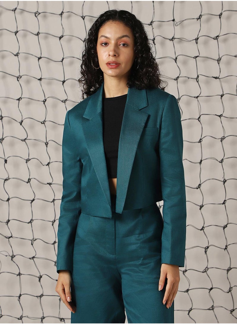 Women's Deep Teal Cotton Blend Solid Oversized Blazer