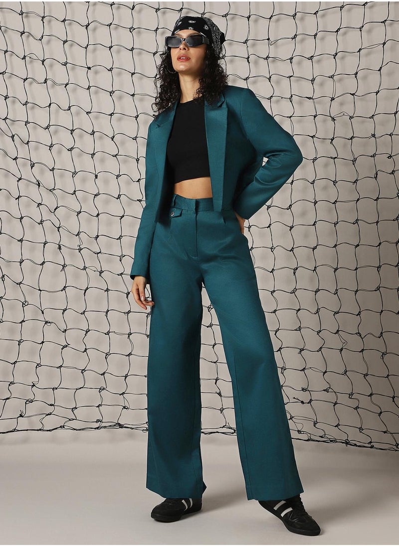 Women's Deep Teal Cotton Blend Solid Oversized Blazer