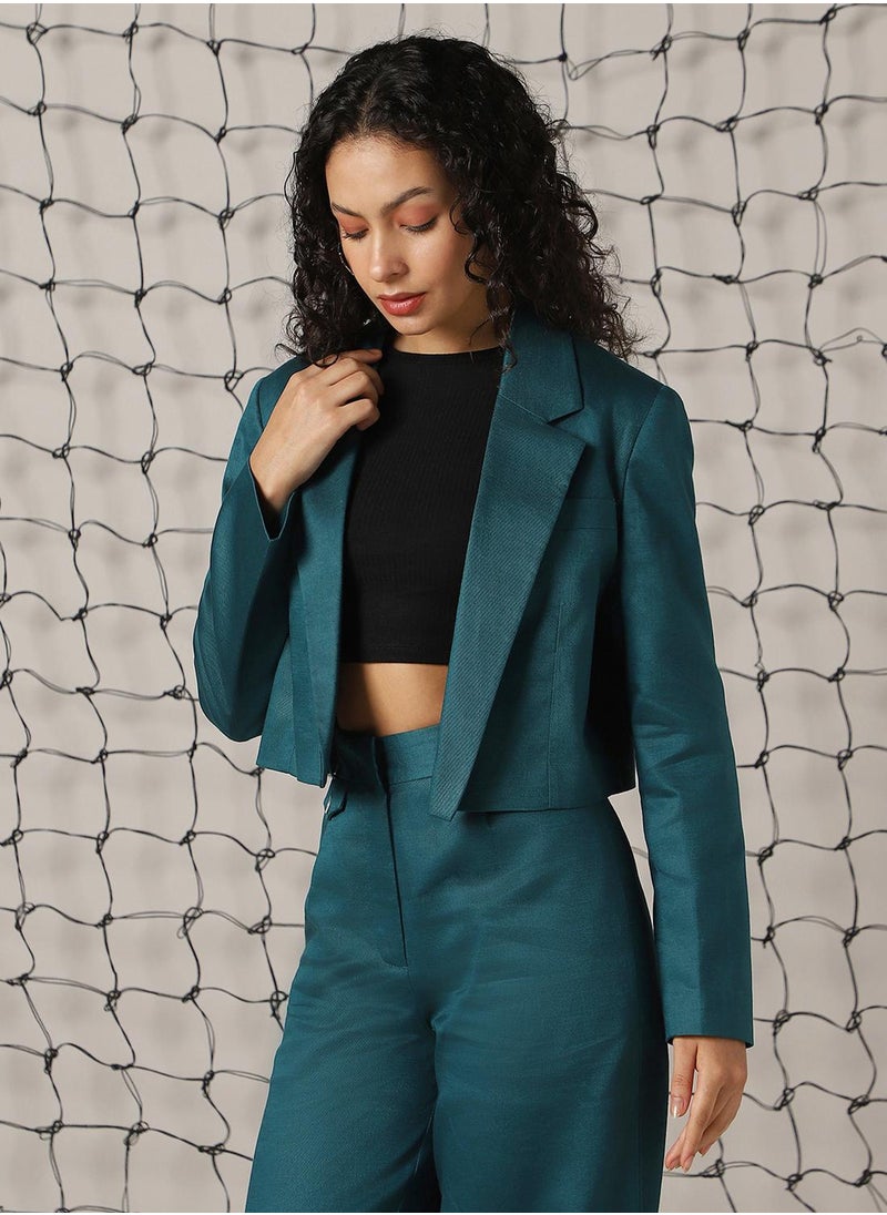 Women's Deep Teal Cotton Blend Solid Oversized Blazer