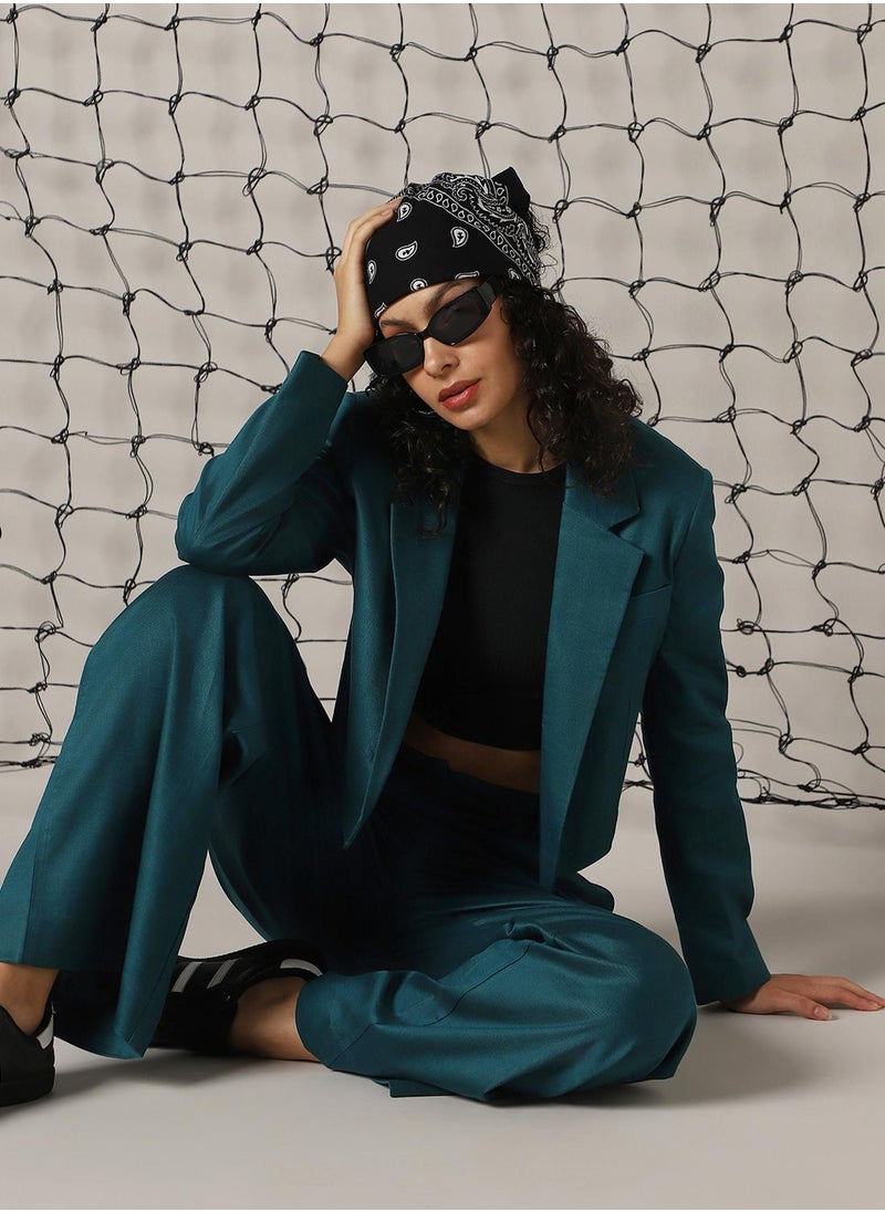 Women's Deep Teal Cotton Blend Solid Oversized Blazer