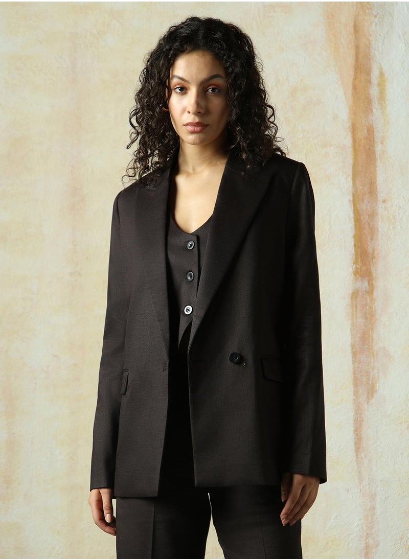 Women's Black Cotton Blend Solid Oversized Blazer