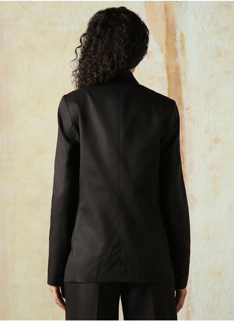 Women's Black Cotton Blend Solid Oversized Blazer