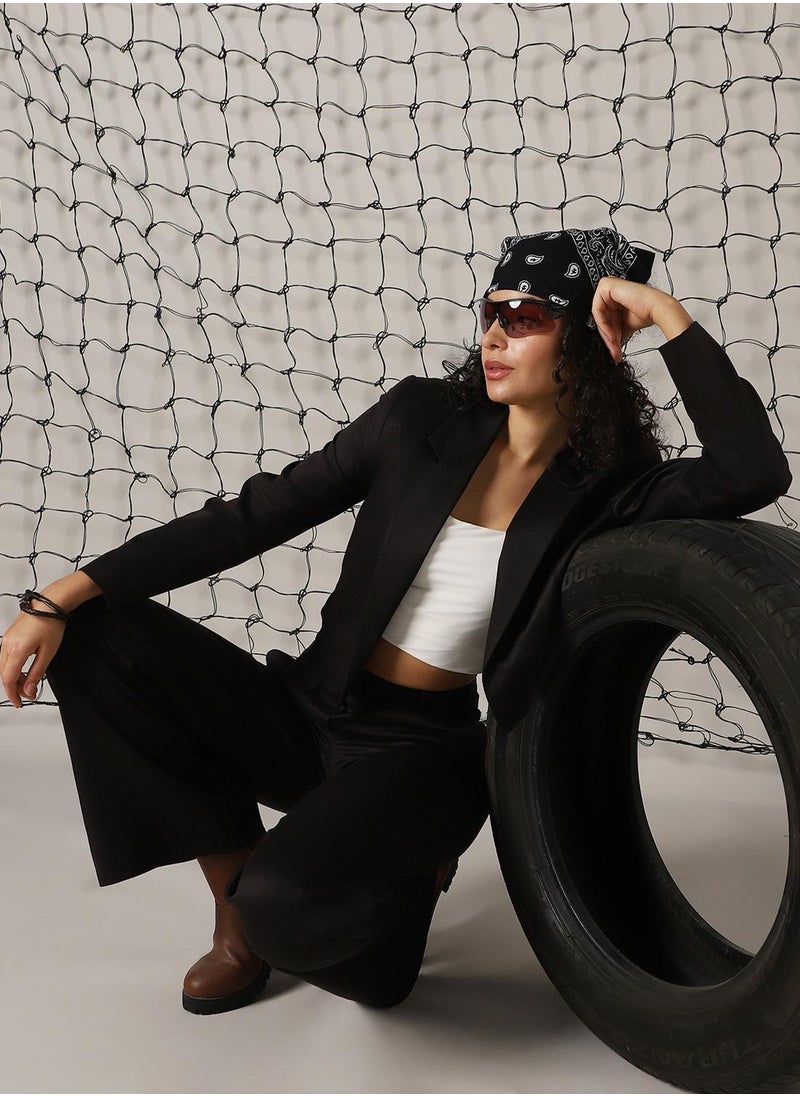 Women's Black Cotton Blend Solid Oversized Blazer