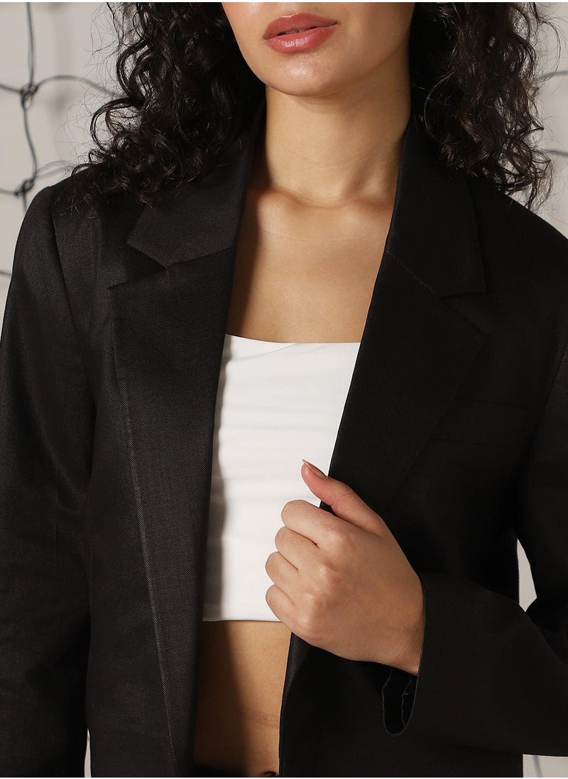 Women's Black Cotton Blend Solid Oversized Blazer