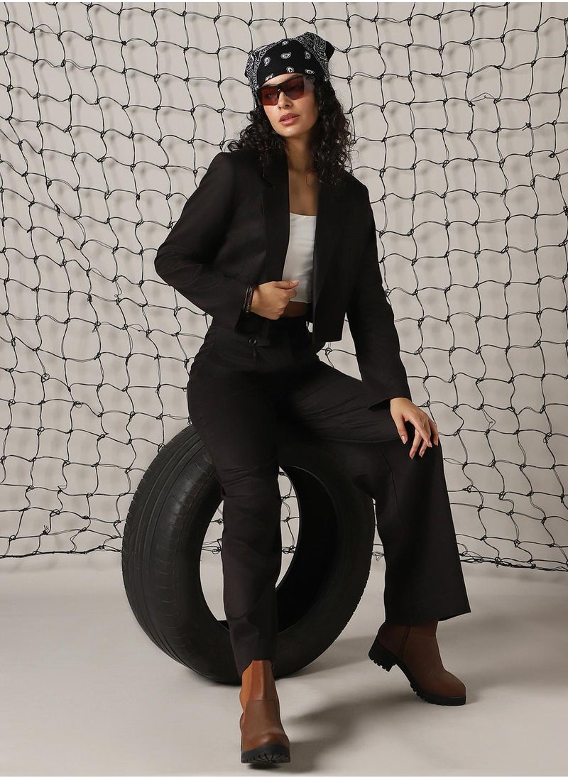Women's Black Cotton Blend Solid Oversized Blazer