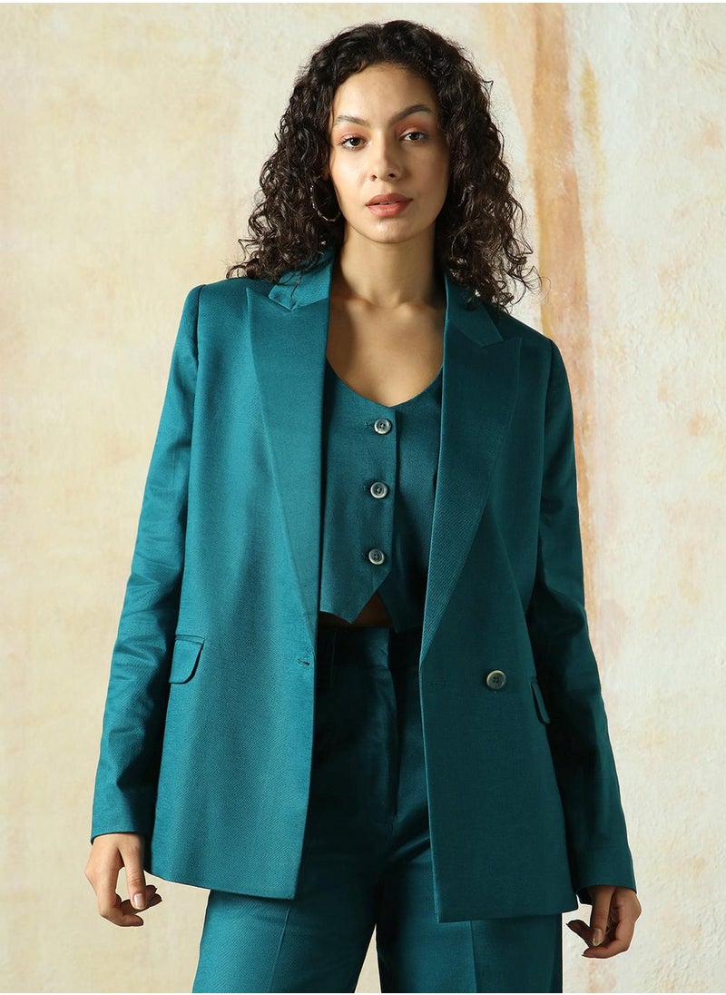 Women's Deep Teal Cotton Blend Solid Oversized Blazer