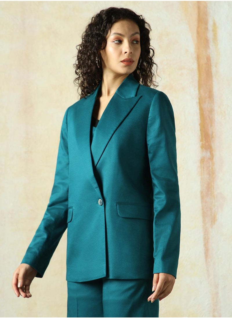 Women's Deep Teal Cotton Blend Solid Oversized Blazer