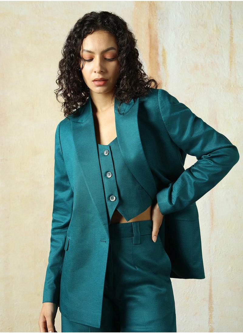 Women's Deep Teal Cotton Blend Solid Oversized Blazer