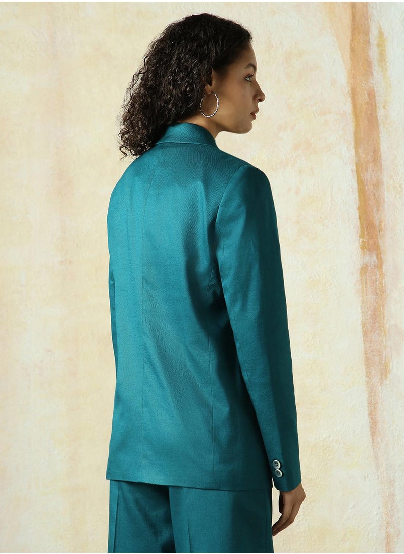 Women's Deep Teal Cotton Blend Solid Oversized Blazer