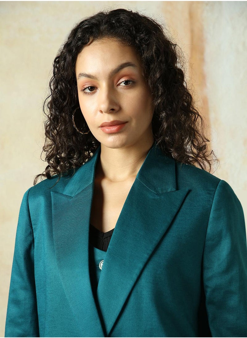 Women's Deep Teal Cotton Blend Solid Oversized Blazer