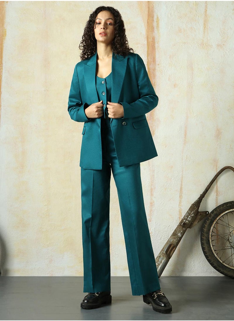 Women's Deep Teal Cotton Blend Solid Oversized Blazer