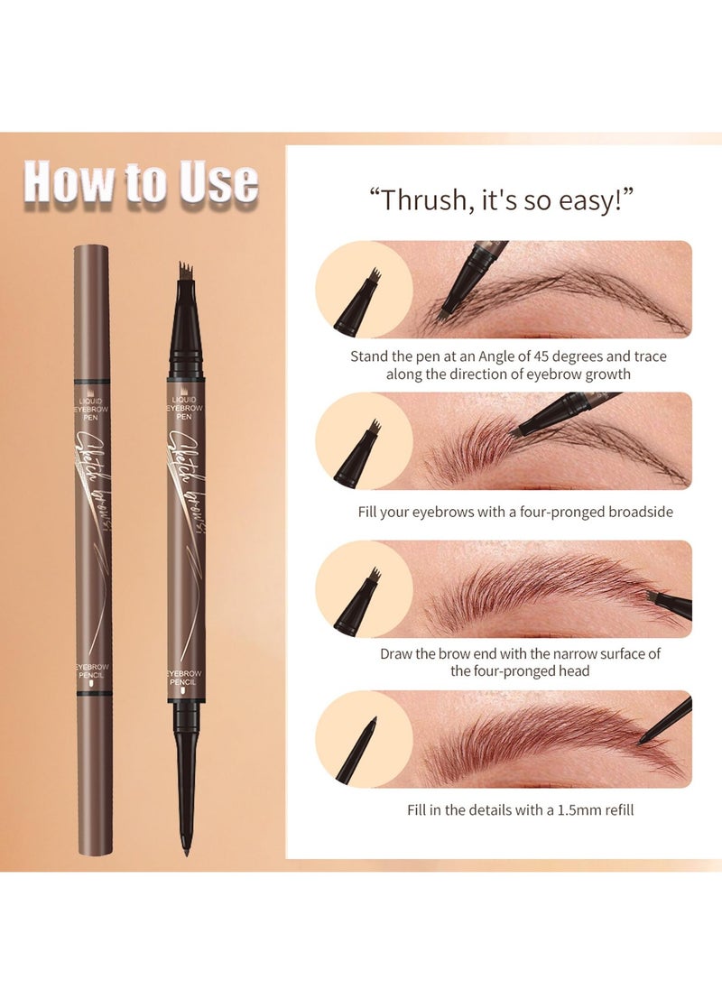 Brow Pencil with Hair Like Strokes, 2-in-1 Dual-headed Eyebrow Pen with 4-Prong Micro-Fork-Tip Applicator and Precise Brush-Tip Create Natural-Looking Brows, Stay on All Day (Light Brown)