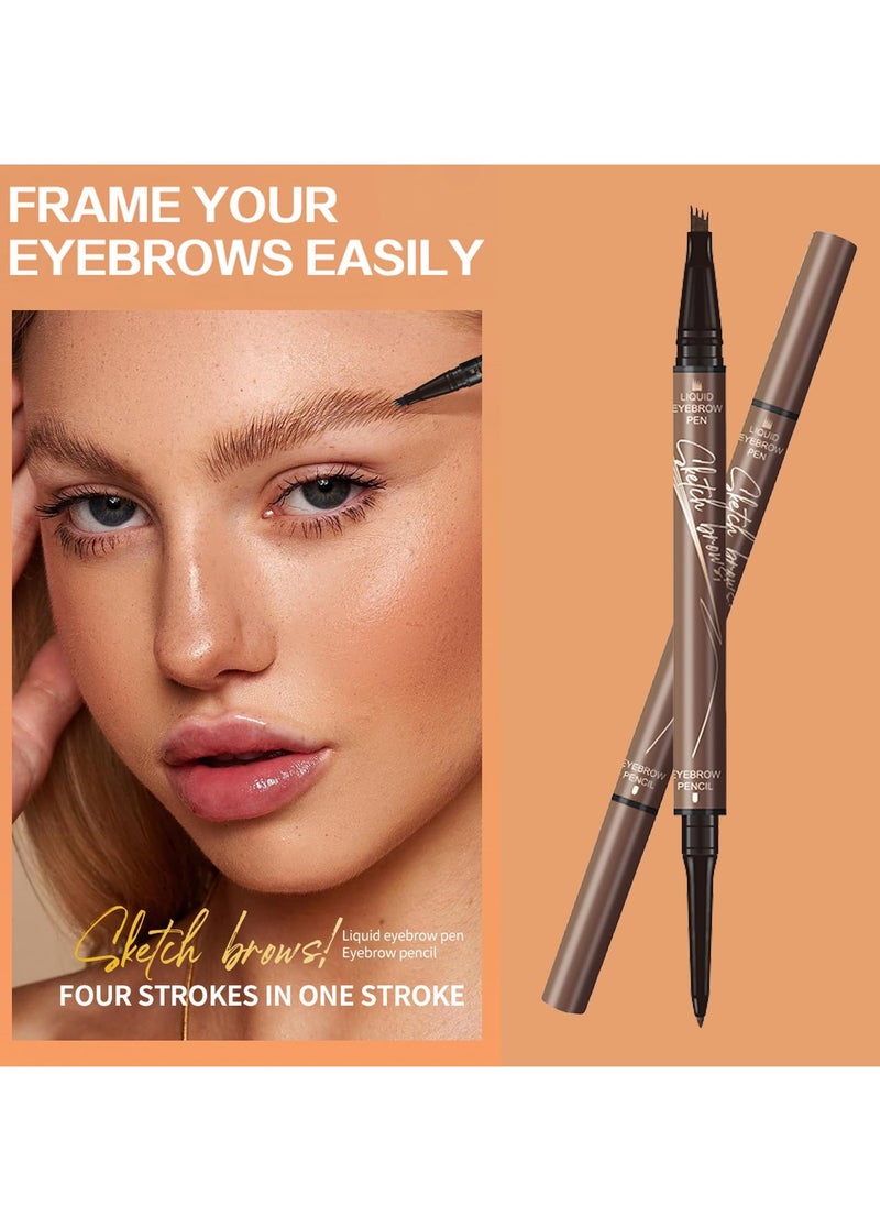 Brow Pencil with Hair Like Strokes, 2-in-1 Dual-headed Eyebrow Pen with 4-Prong Micro-Fork-Tip Applicator and Precise Brush-Tip Create Natural-Looking Brows, Stay on All Day (Light Brown)