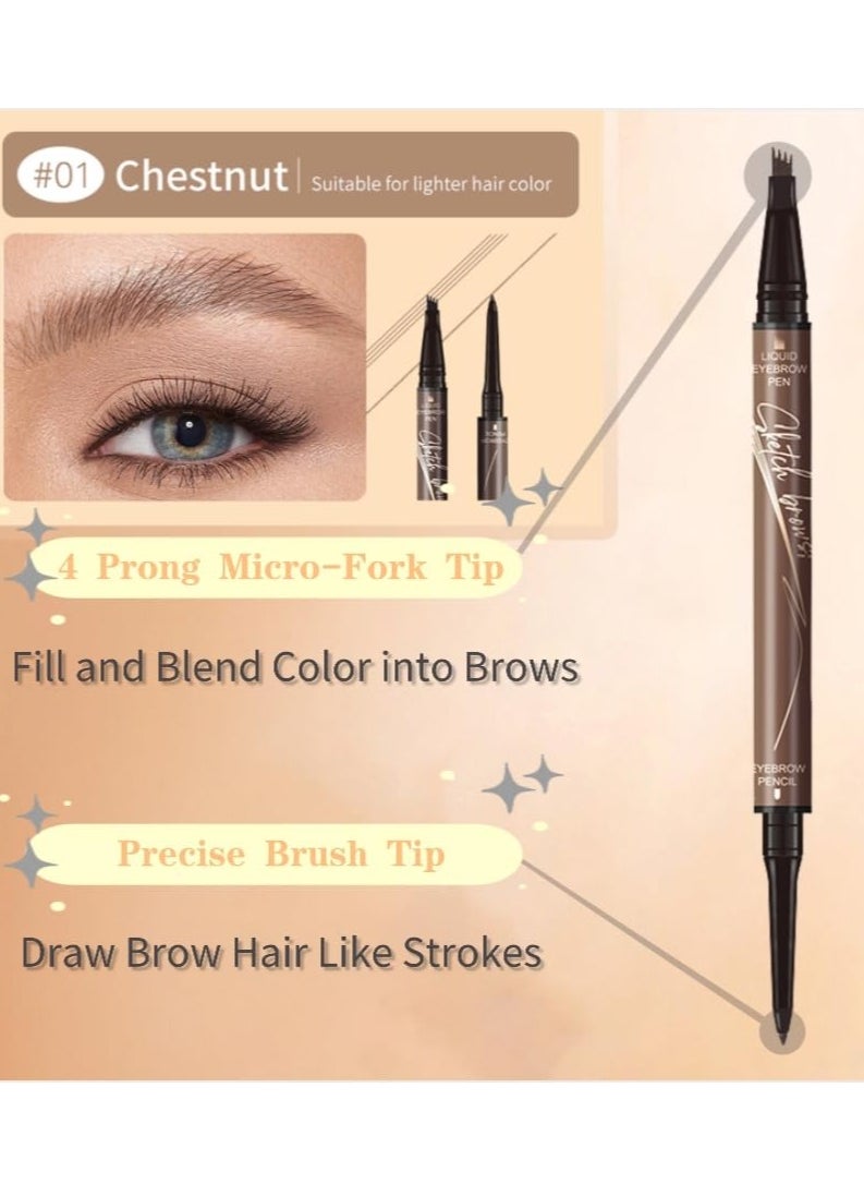 Brow Pencil with Hair Like Strokes, 2-in-1 Dual-headed Eyebrow Pen with 4-Prong Micro-Fork-Tip Applicator and Precise Brush-Tip Create Natural-Looking Brows, Stay on All Day (Light Brown)