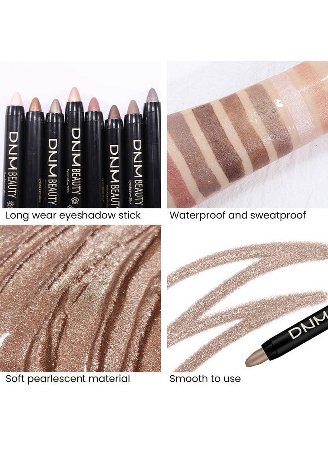 8Pcs Cream Eye Shadow Brightener Sticks Set For Eyes, Champagne Pearl Taupe Bronze Cocoa Stone Putty Smoky Amethyst Shimmer Matte Pencil Eye Shadow Applicator Stick Palette Makeup Waterproof 03