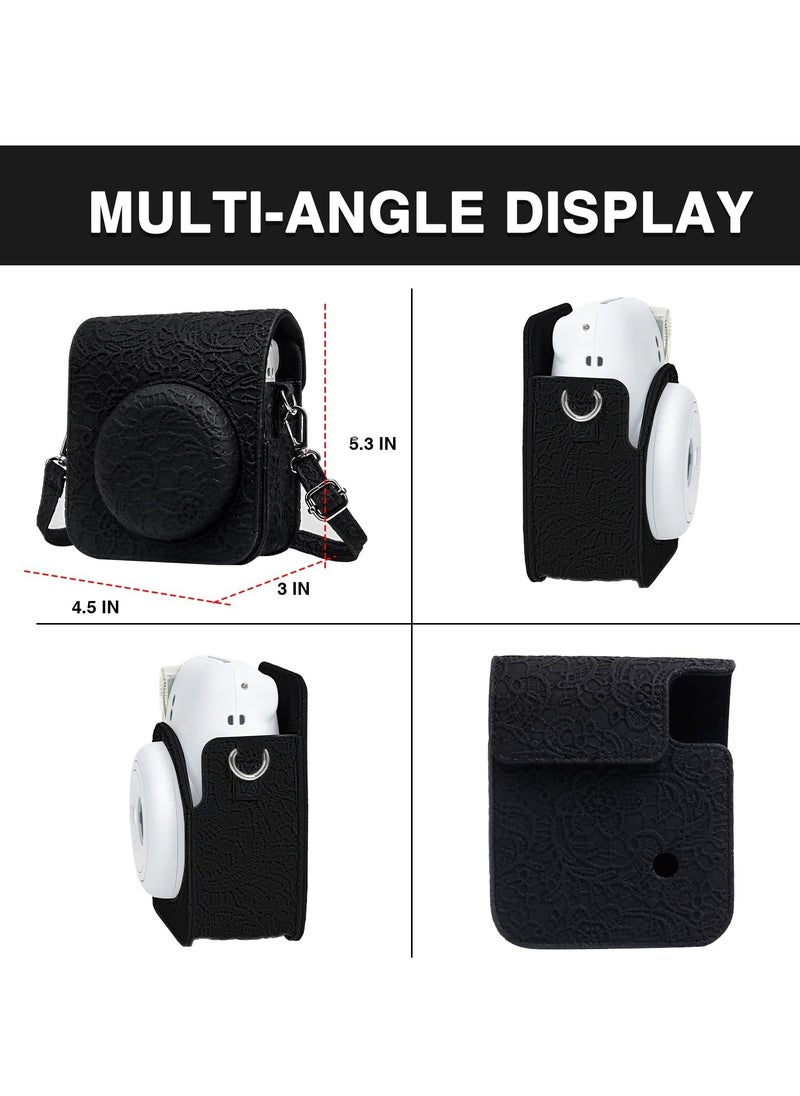 Case for Fujifilm Instax Mini 12 Camera Protective PU Leather Bag Cover with Adjustable Shoulder Strap and Mini Photo Album 64 Pockets (Black Lace)