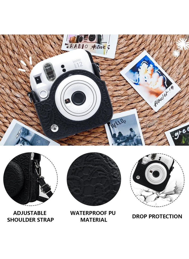 Case for Fujifilm Instax Mini 12 Camera Protective PU Leather Bag Cover with Adjustable Shoulder Strap and Mini Photo Album 64 Pockets (Black Lace)