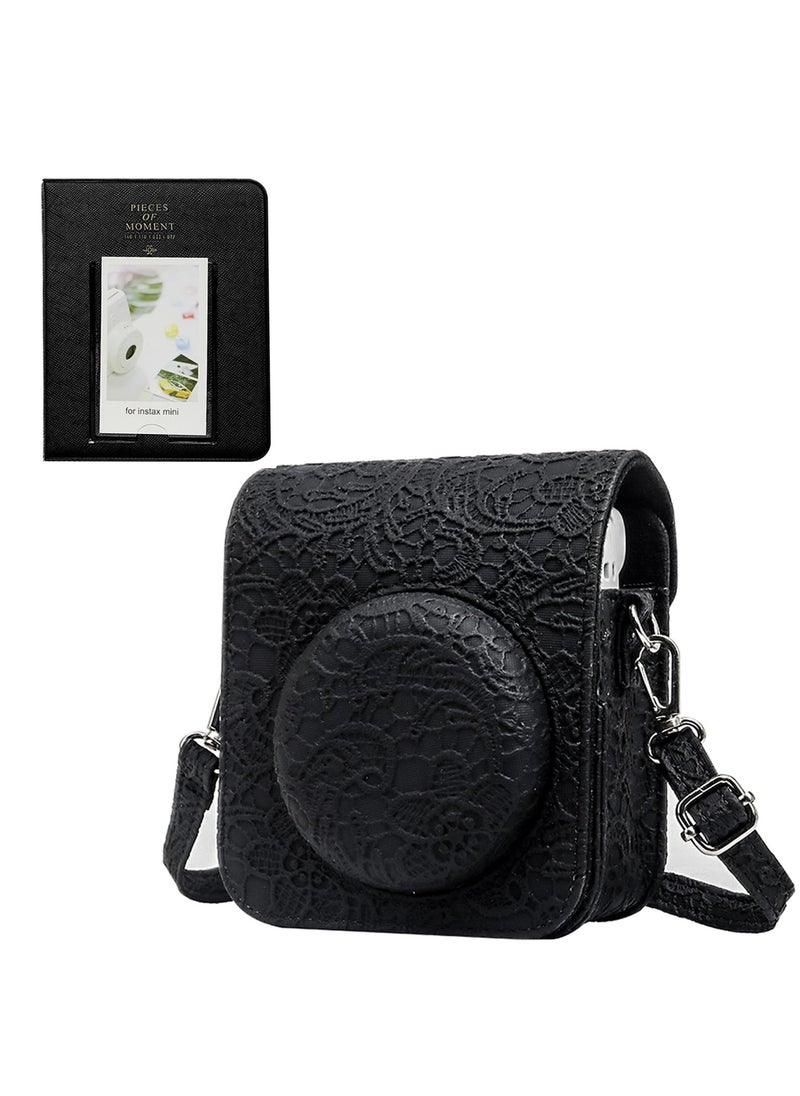 Case for Fujifilm Instax Mini 12 Camera Protective PU Leather Bag Cover with Adjustable Shoulder Strap and Mini Photo Album 64 Pockets (Black Lace)