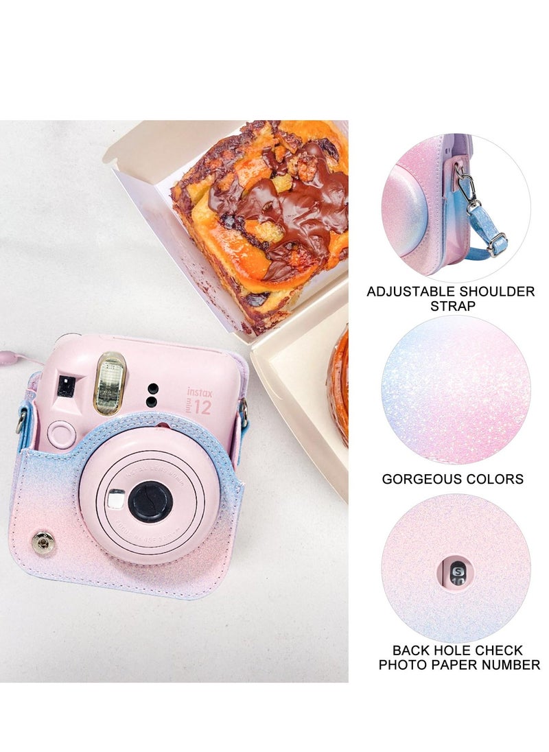 Case for Fujifilm Instax Mini 12 Camera Protective PU Leather Bag Cover with Adjustable Shoulder Strap and Mini Photo Album 64 Pockets (Bluish pink)