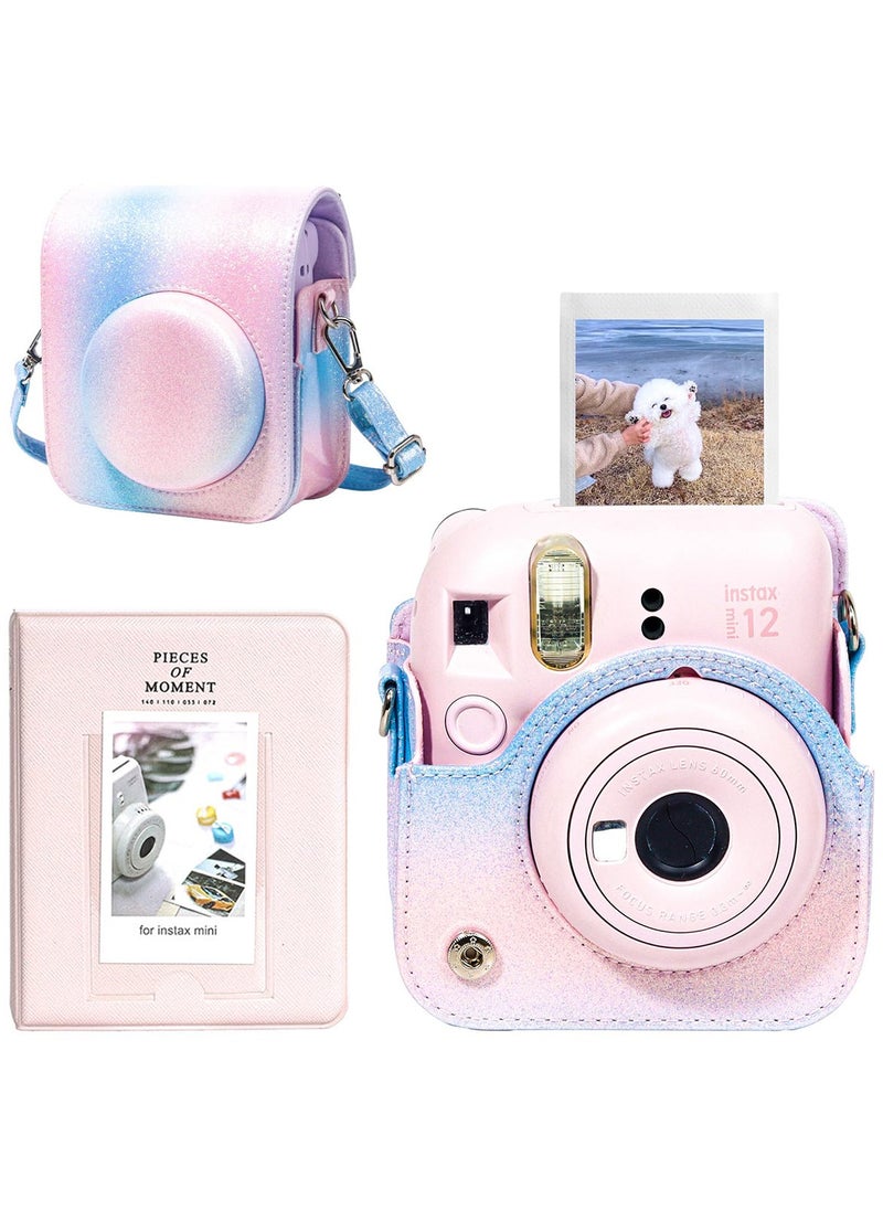 Case for Fujifilm Instax Mini 12 Camera Protective PU Leather Bag Cover with Adjustable Shoulder Strap and Mini Photo Album 64 Pockets (Bluish pink)